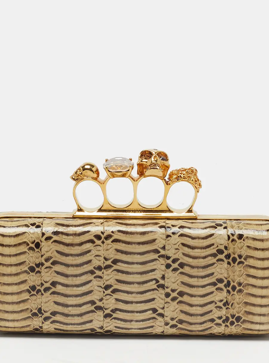 Alexander McQueen Skull Crystal Knuckle Cream/Brown Watersnake Leather Duster Clutch