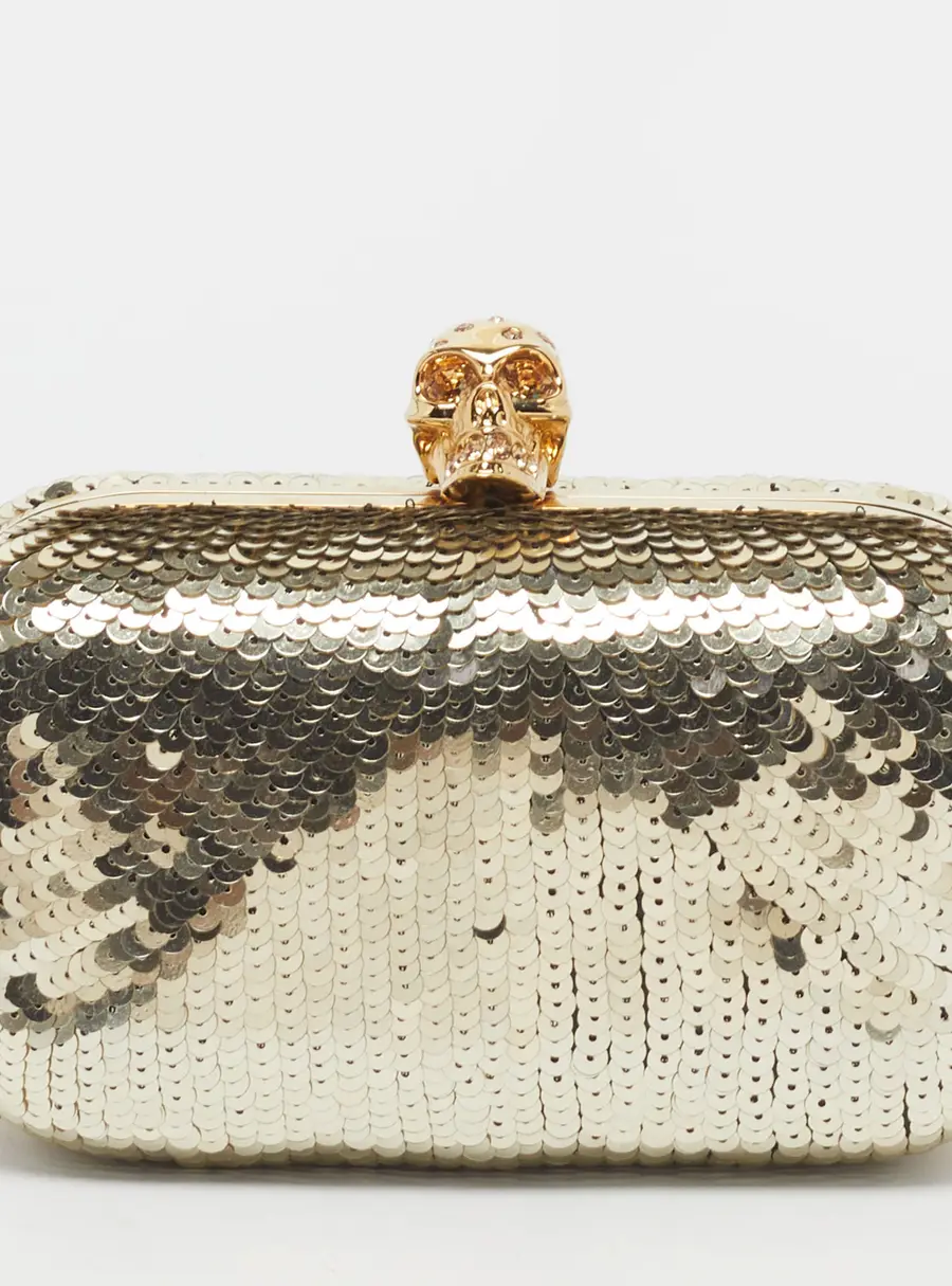 Alexander McQueen Skull Crystal Gold Sequin Box Clutch