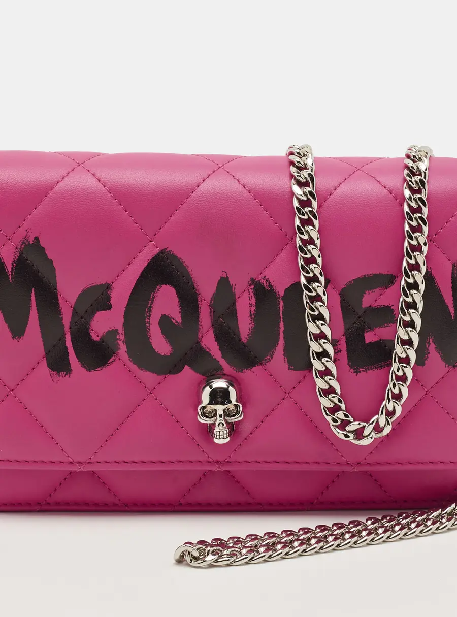 Alexander McQueen Skull Logo Graffiti Fuchsia Quilted Leather Chain Clutch