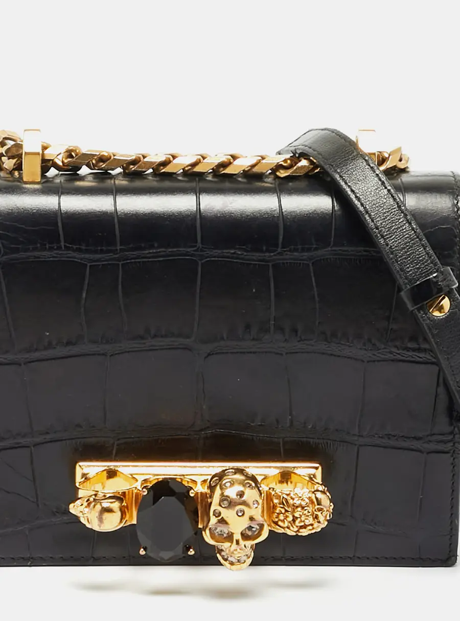 Alexander McQueen Jewelled Mini Black Croc Embossed Leather Satchel