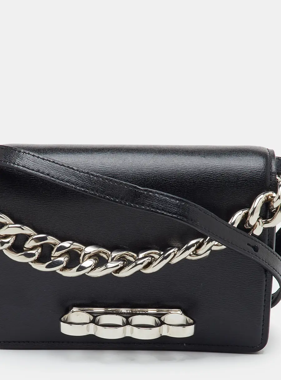 Alexander McQueen Four Ring Black Leather Flap Shoulder Bag