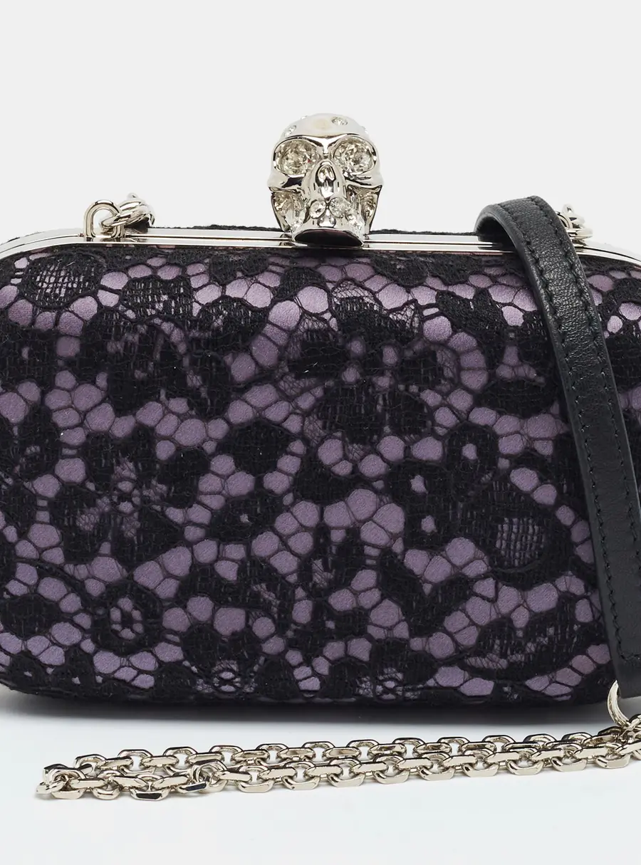 Alexander McQueen Skull Crystal Black/Purple Lace and Satin Box Chain Clutch