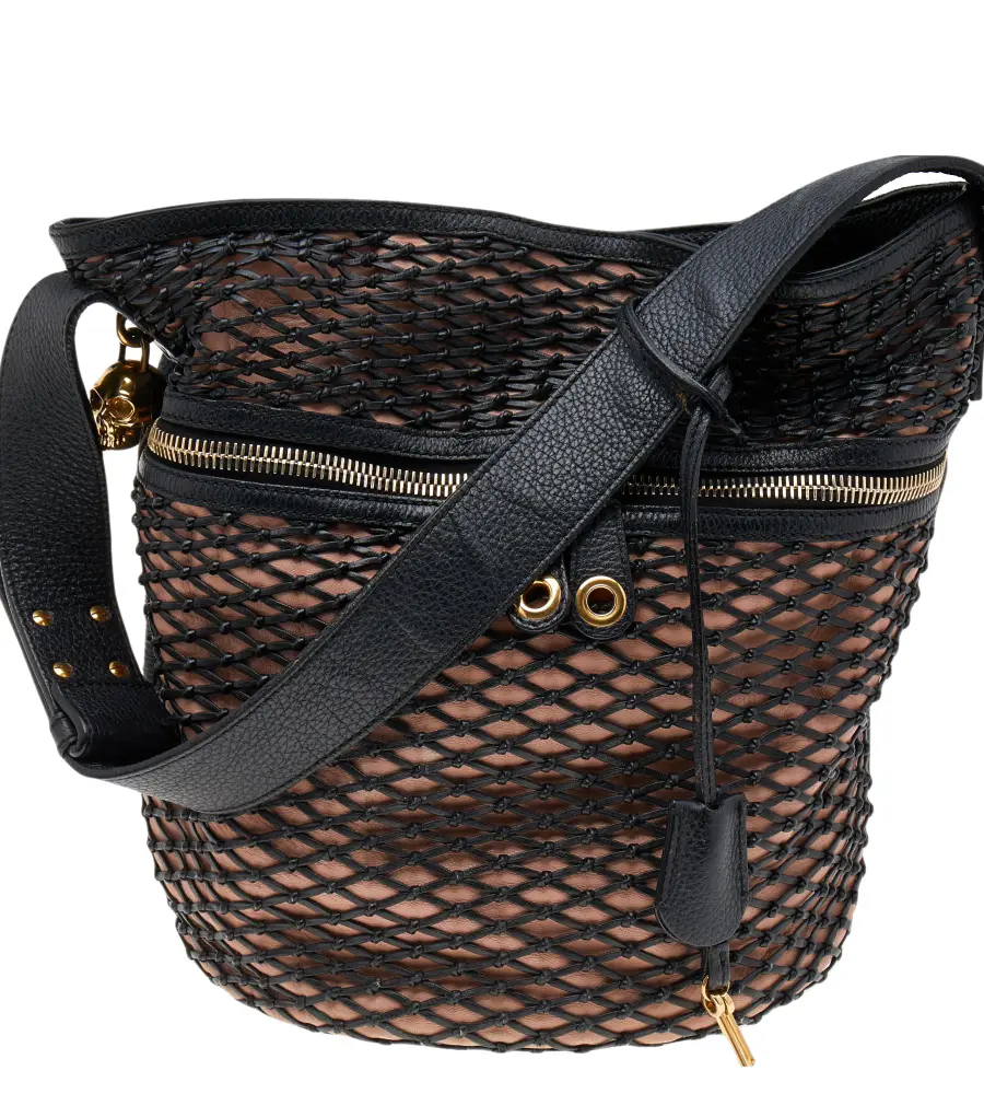 Alexander McQueen Black/Peach Woven Detail Leather Skull Bucket Bag