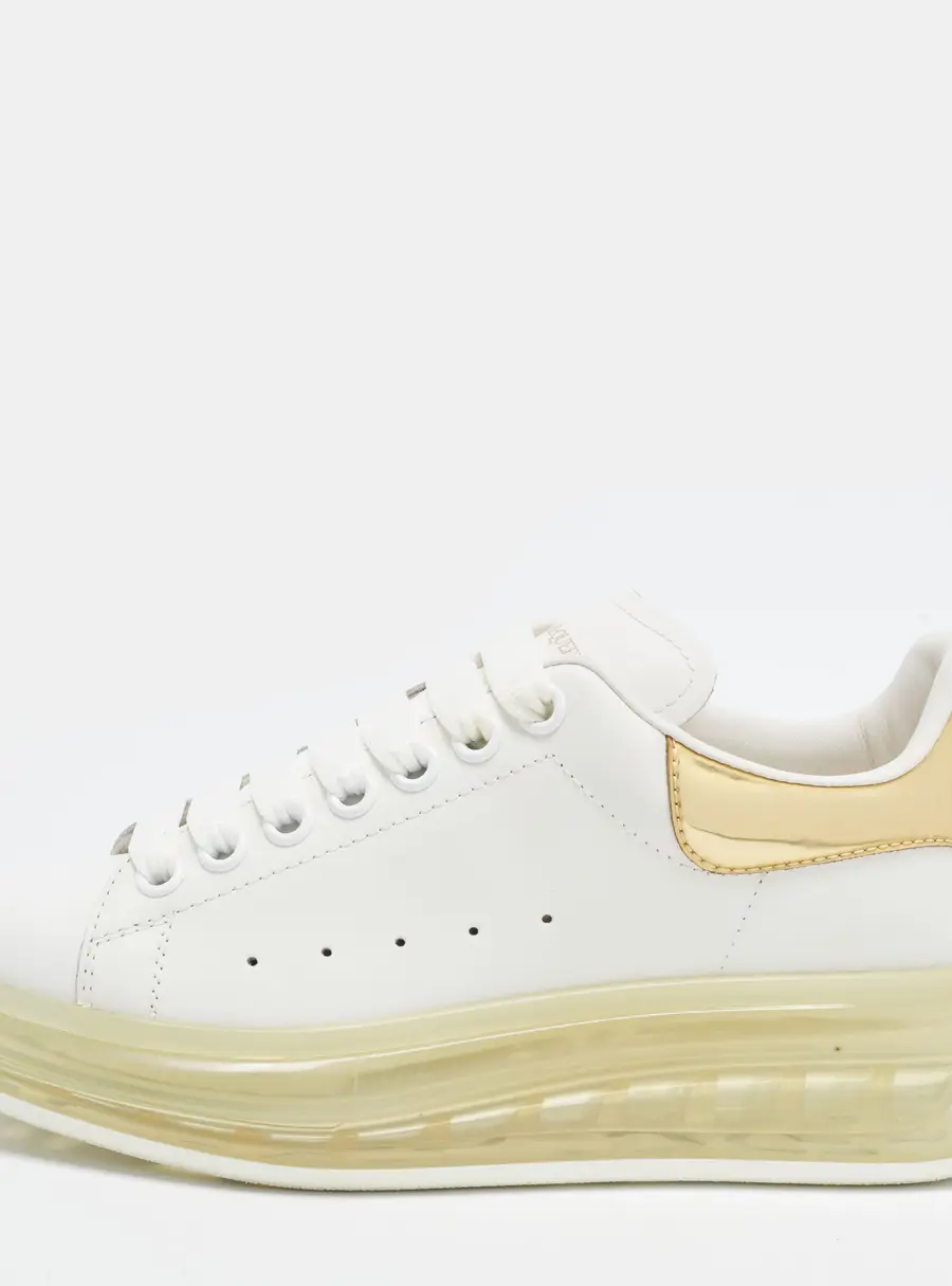 Alexander McQueen Oversized Size 37.5 White/Gold Leather and Patent Leather Lace Up Sneakers