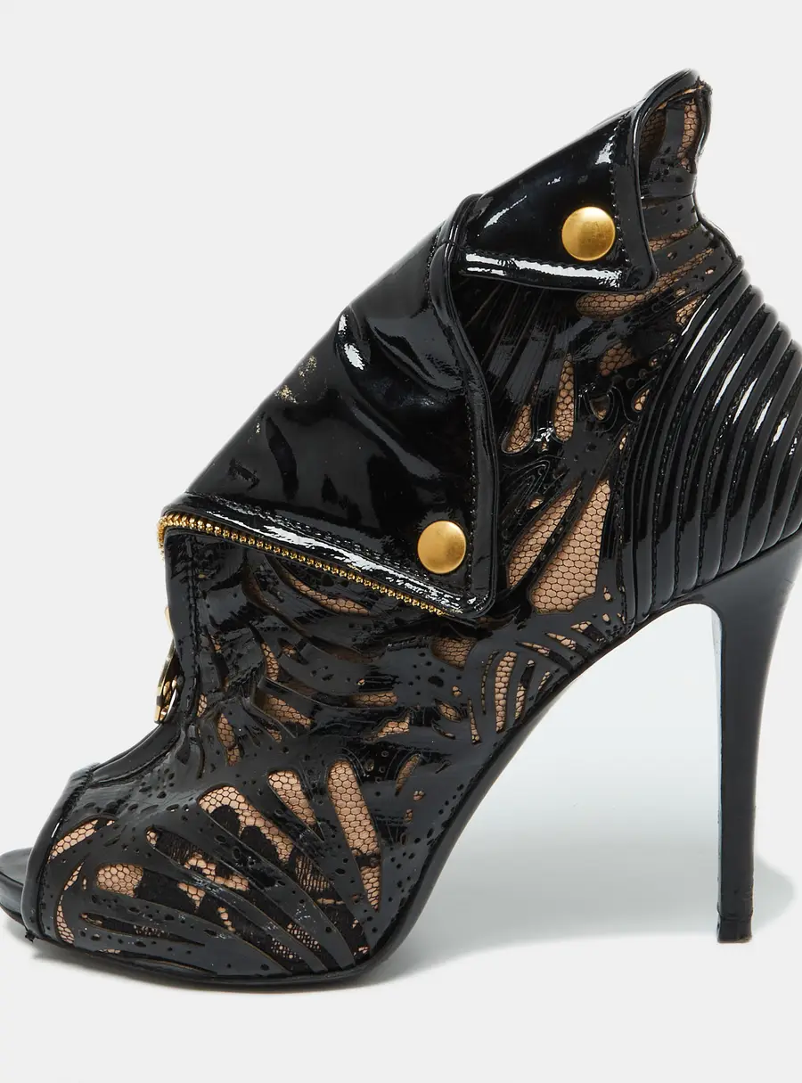 Alexander McQueen Black/Beige Patent Leather and Mesh Faithful Ankle Booties Size 38.5