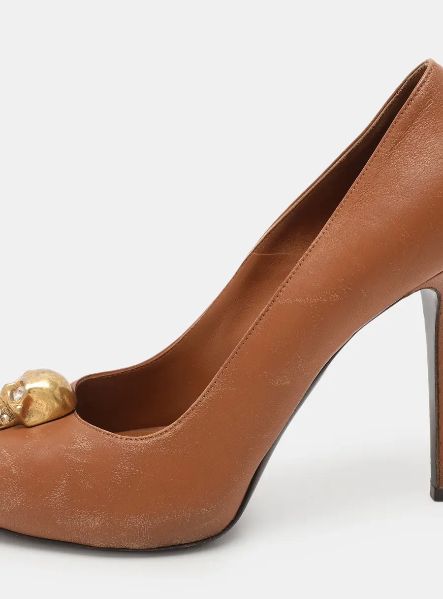 Alexander McQueen Brown Leather Skull Peep Toe Pumps Size 38