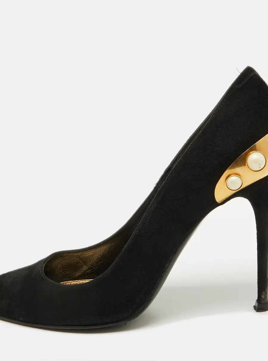 Alexander McQueen Black Suede Gold Trimmed Faux Pearl Pumps Size 39