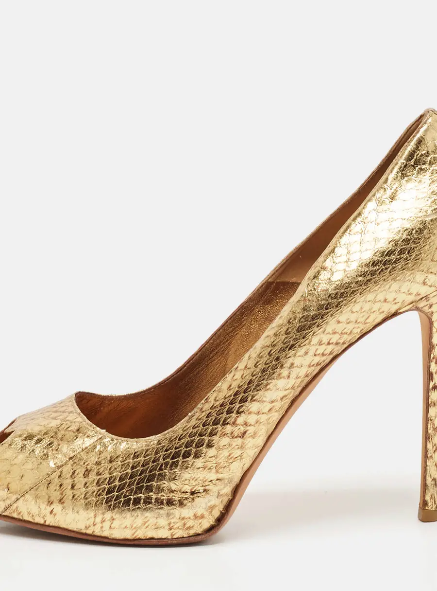 Alexander McQueen Gold Python Embossed Leather Heart Peep Toe Pumps Size 40.5
