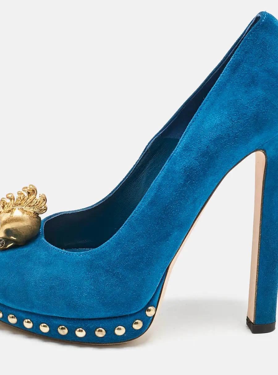Alexander McQueen Blue Suede Skull Peep Toe Pumps Size 36.5
