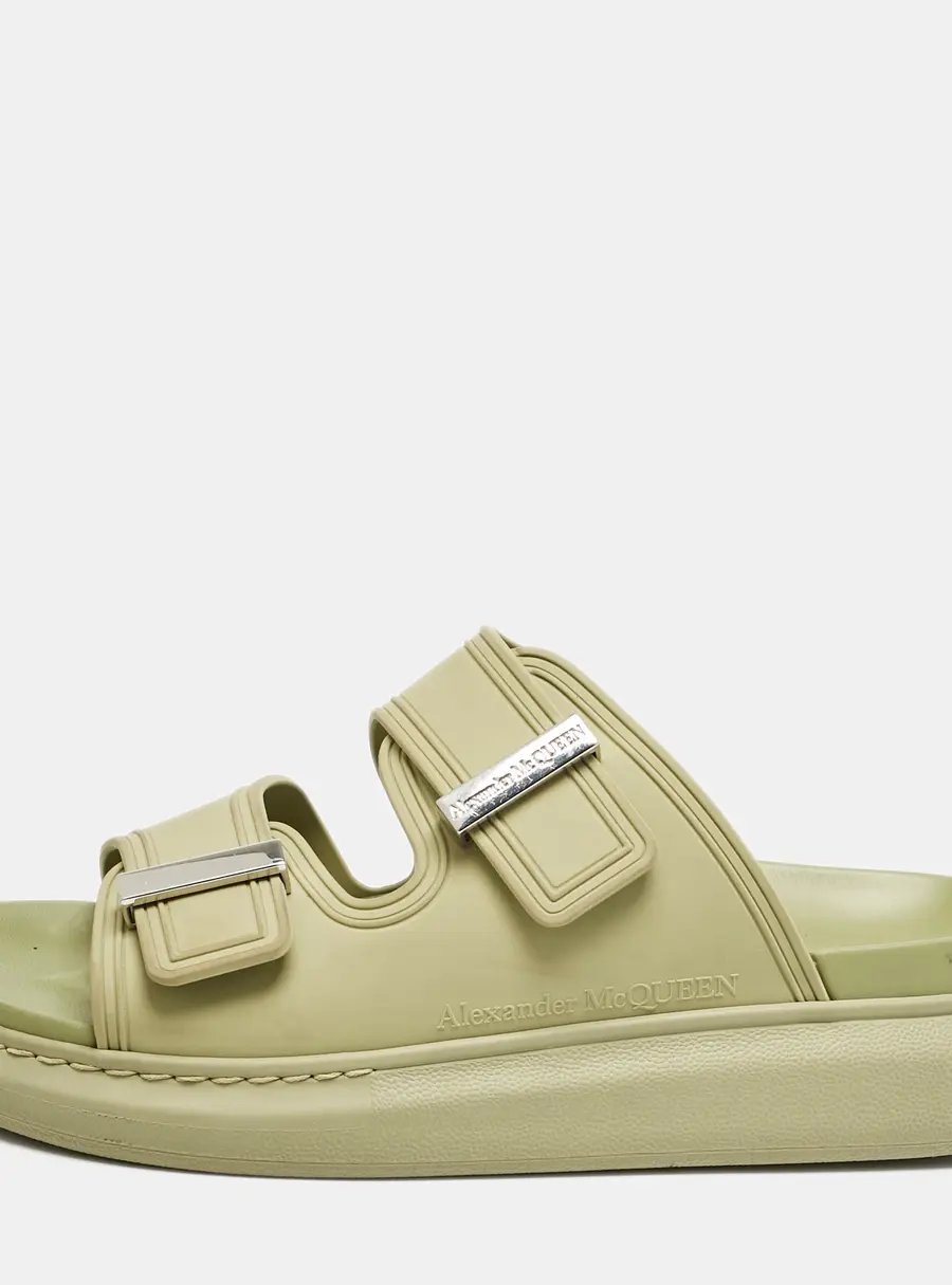 Alexander McQueen Green Rubber Logo Embossed Slide Sandals Size 40