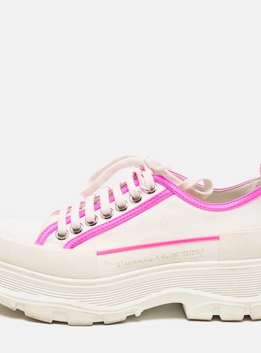 Alexander McQueen White/Neon Pink Canvas and Leather Slick Chunky Sneakers Size 38.5