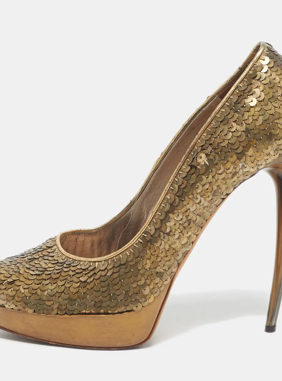 Alexander McQueen Gold Sequins Horn Heel Platform Pumps Size 40