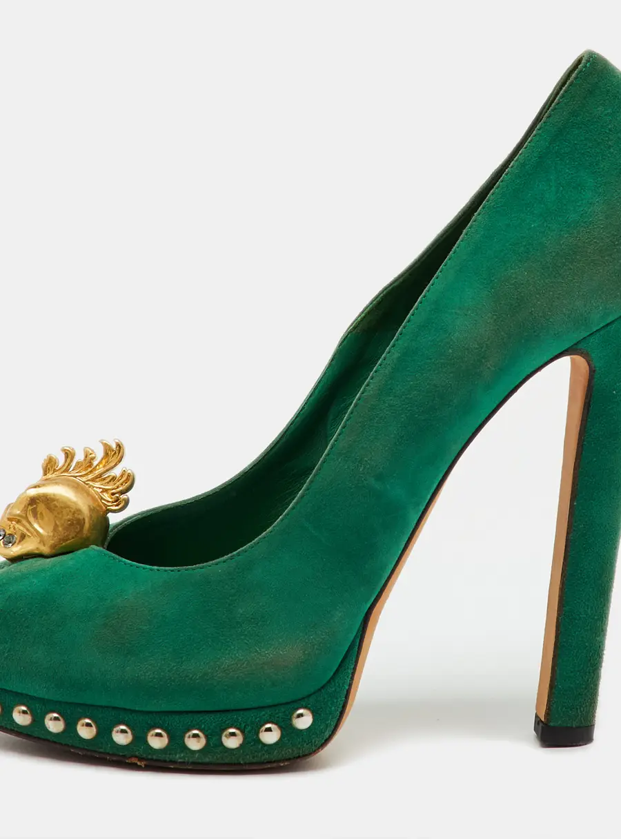 Alexander McQueen Green Suede Skull Platform Peep Toe Pumps Size 38.5