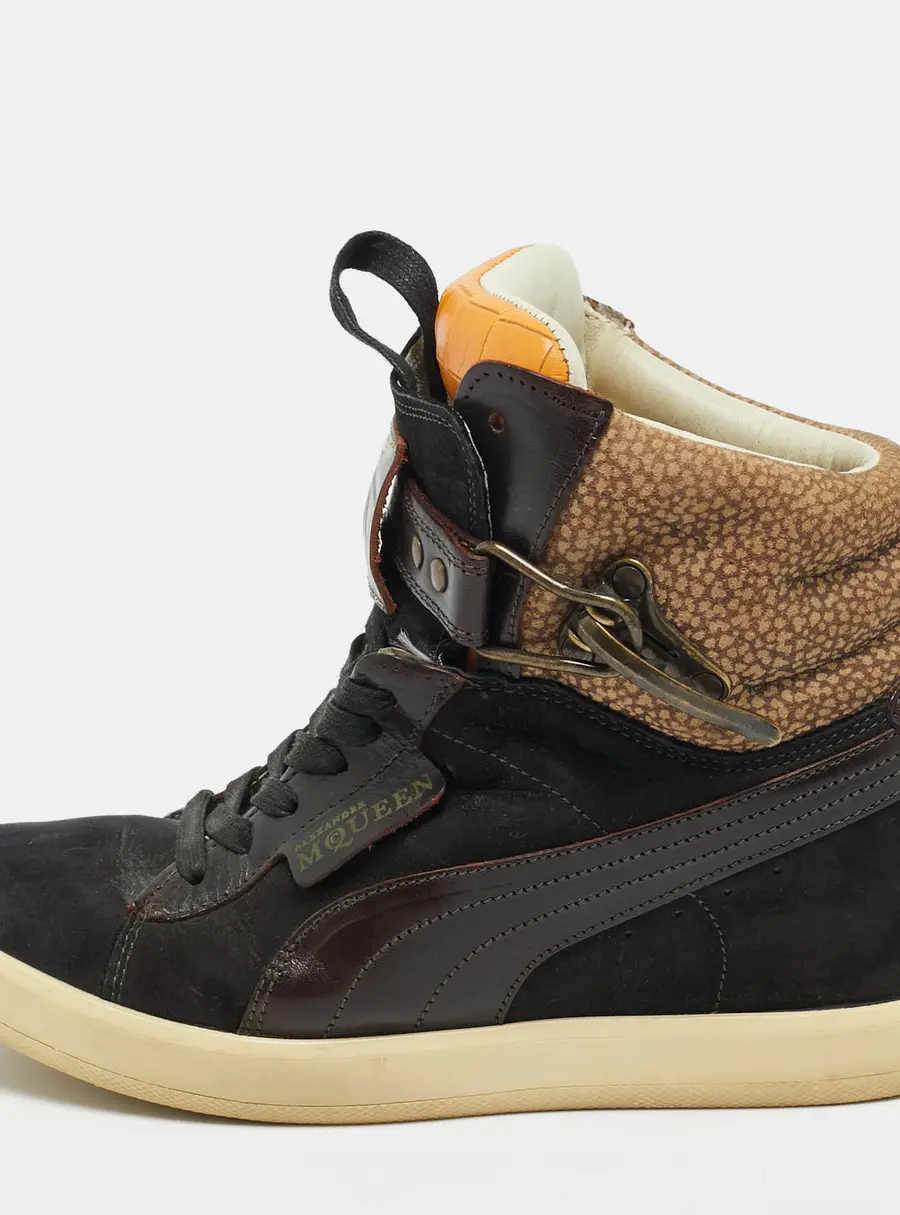 Alexander McQueen Size 37 Multicolor Croc Embossed Leather, Leather and Suede Wedge Sneakers