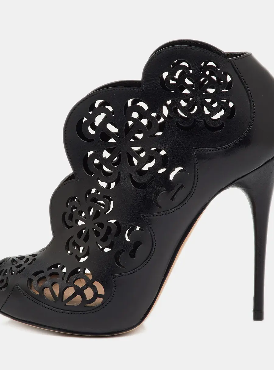 Alexander McQueen Black Leather Floral Lasecut Booties Size 36