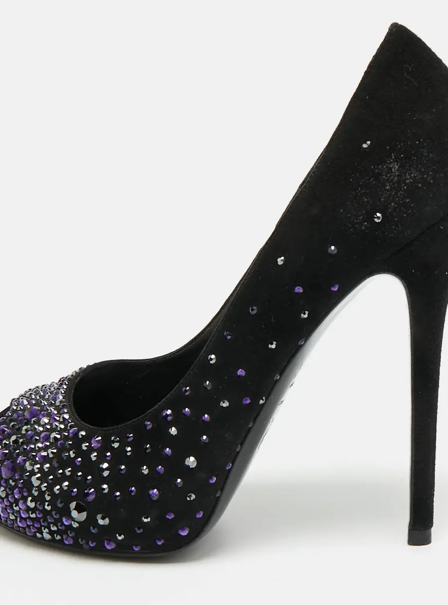 Alexander McQueen Heart Size 38 Black Suede Crystal Embellished Peep Toe Pumps