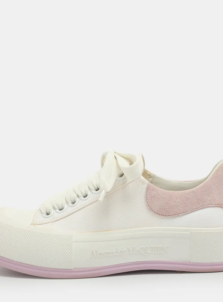 Alexander McQueen Deck Plimsoll Size 37 White/Beige Canvas and Suede Lace Up Sneakers