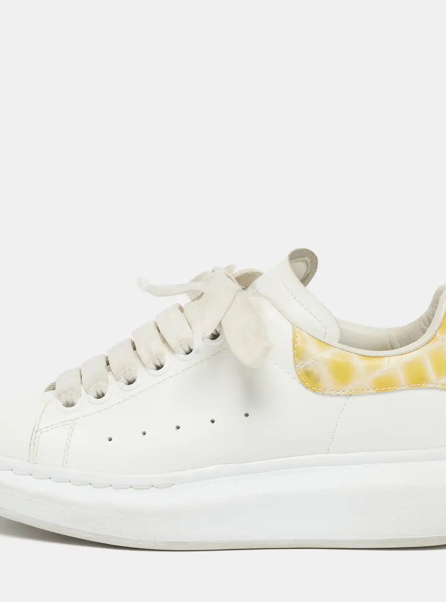 Alexander McQueen Oversized Size 35 White Croc Embossed Patent and Leather Lace Up Sneakers