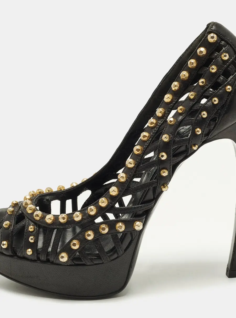 Alexander McQueen Size 37 Black Leather Cut Out Studded Platform Pumps