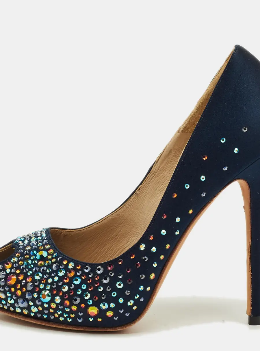 Alexander McQueen Size 36 Navy Blue Satin Crystal Embellished Peep Toe Pumps