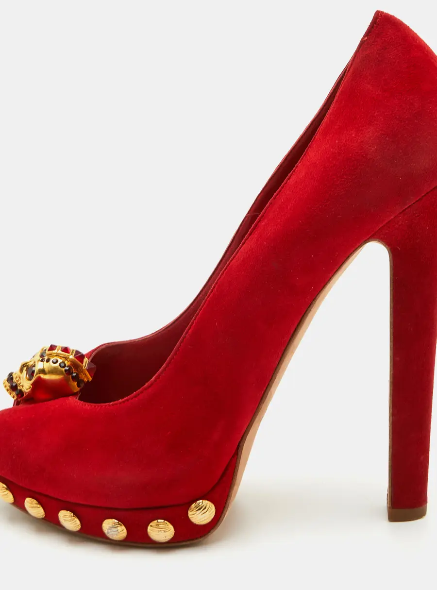Alexander McQueen Skull Size 39 Red Suede Platform Peep Toe Pumps