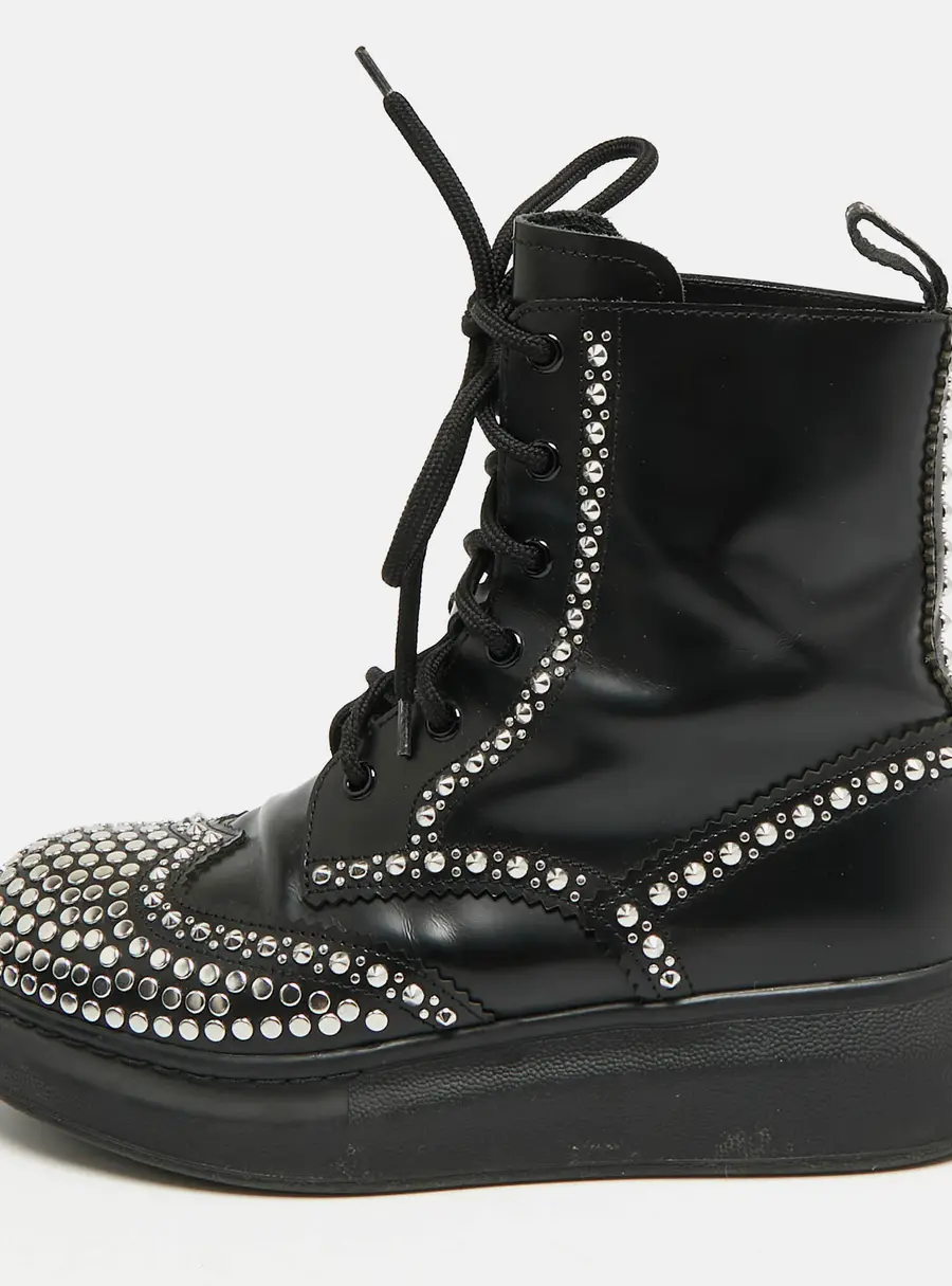 Alexander McQueen Size 37 Black Leather Studded Lace Up Ankle Length Boots