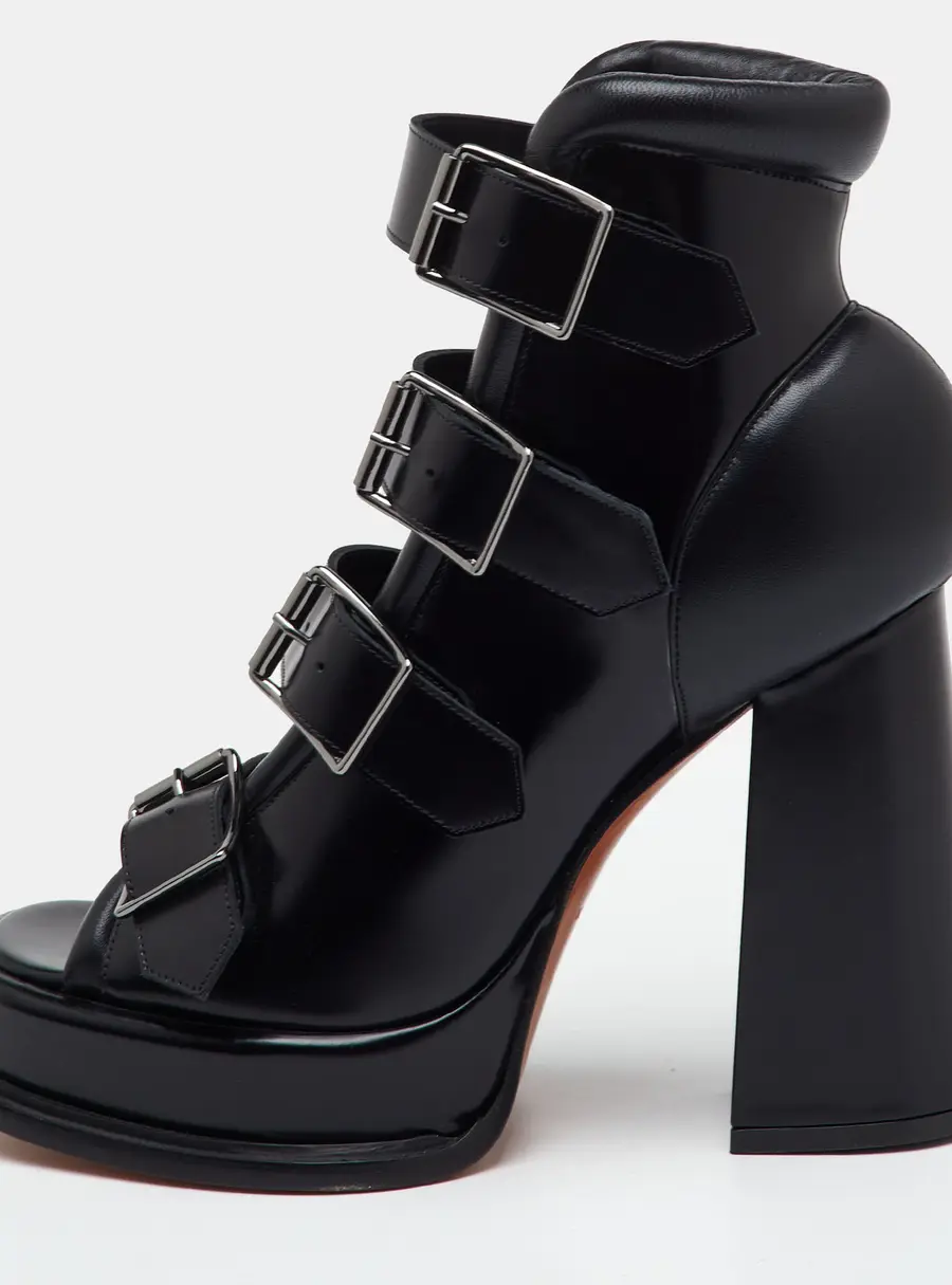 Alexander McQueen Rave Buckle Size 36.5 Black Leather Platform Ankle Length Boots