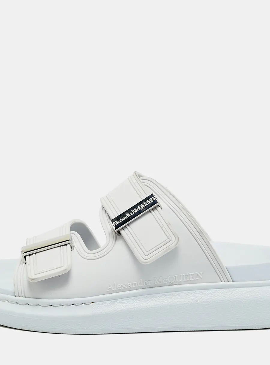 Alexander McQueen Birke Buckle Size 37.5 Cream Grey Rubber Flat Slide