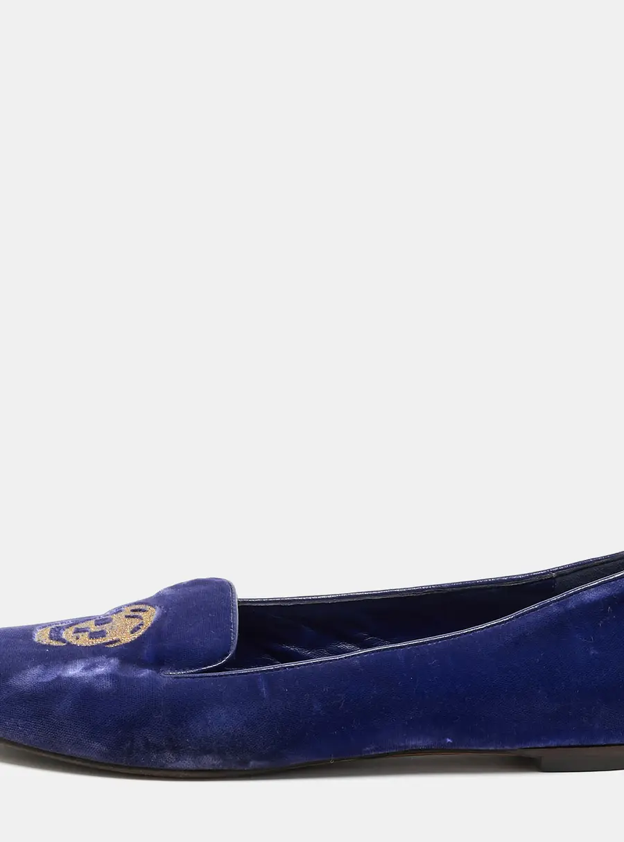 Alexander McQueen Skull Size 38 Navy Blue Velvet Smoking Slippers