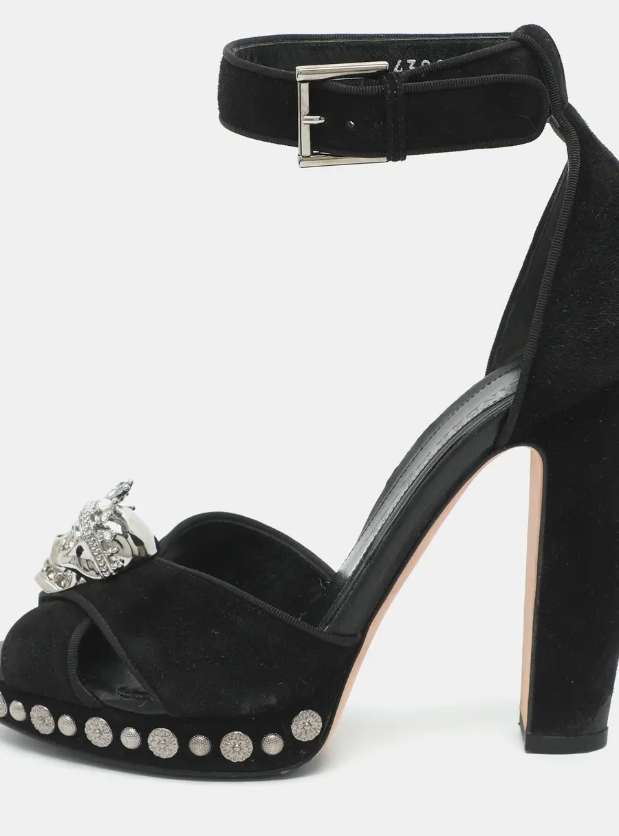Alexander McQueen Crystal Embellished Skull Size 37.5 Black Suede Platform Sandals