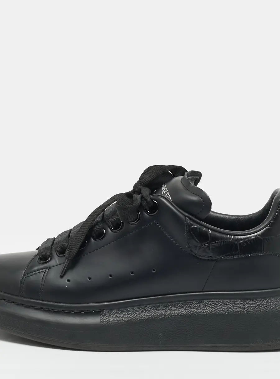 Alexander McQueen Oversized Size 38 Black Croc Embossed Leather and Leather Lace Up Sneakers
