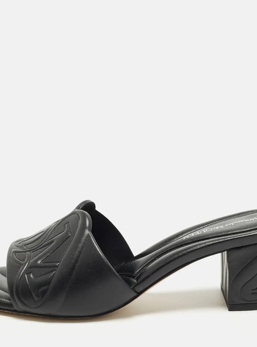 Alexander McQueen Seal Size 36.5 Black Leather Block Heel Slide Sandals