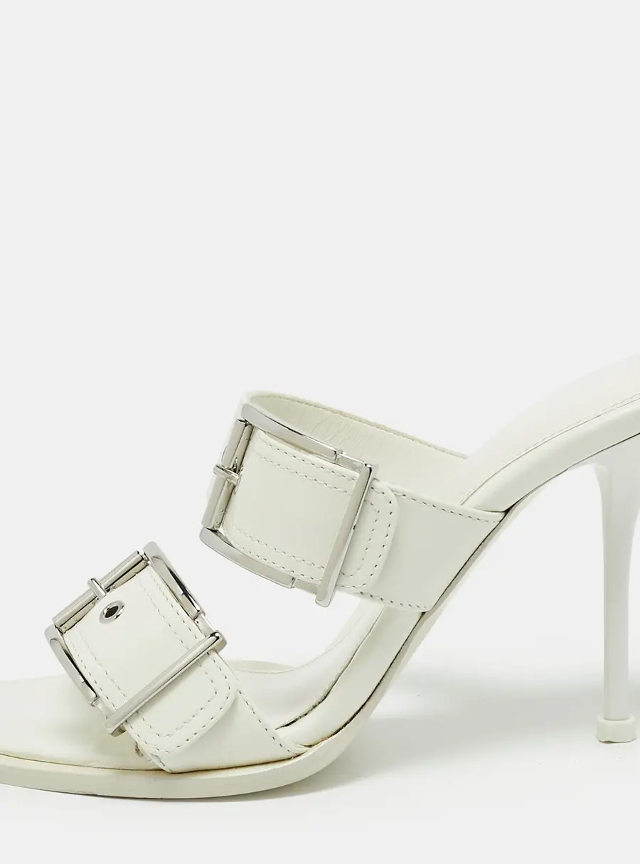 Alexander McQueen Punk Buckle Size 38 White Leather Slide Sandals
