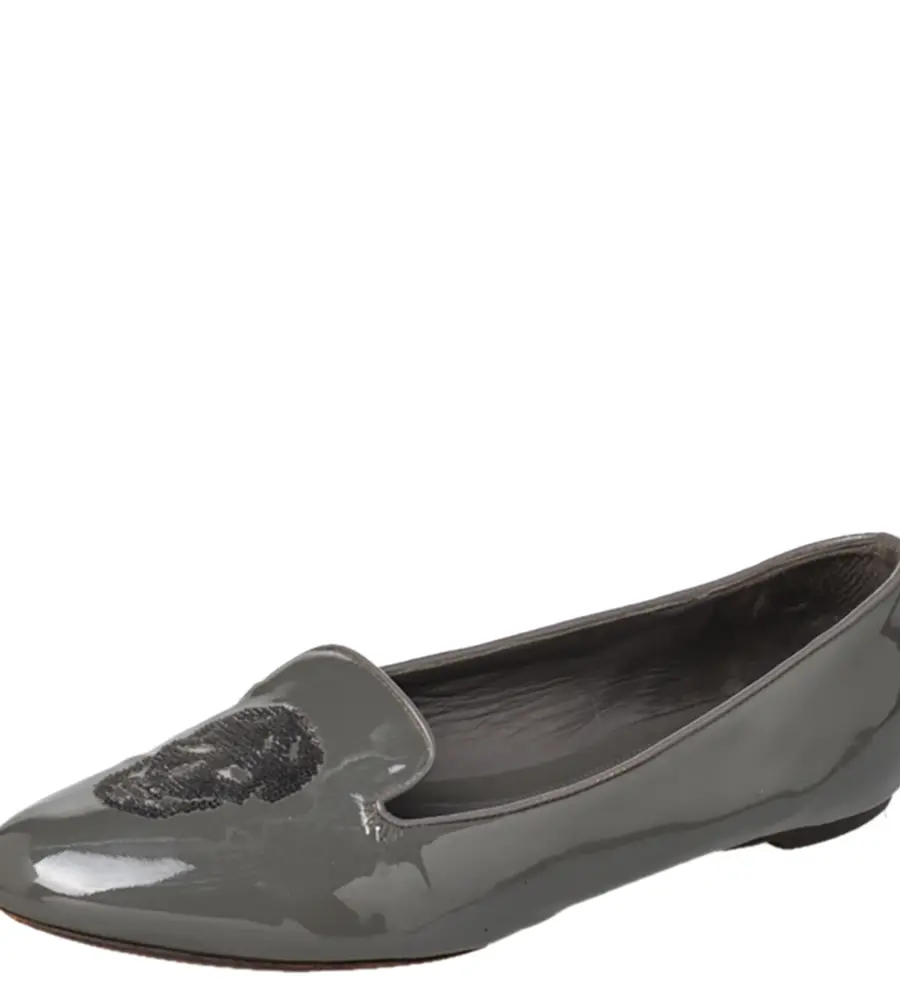 Alexander McQueen Grey Patent Leather Sequin Skull Smoking Slippers Size 39