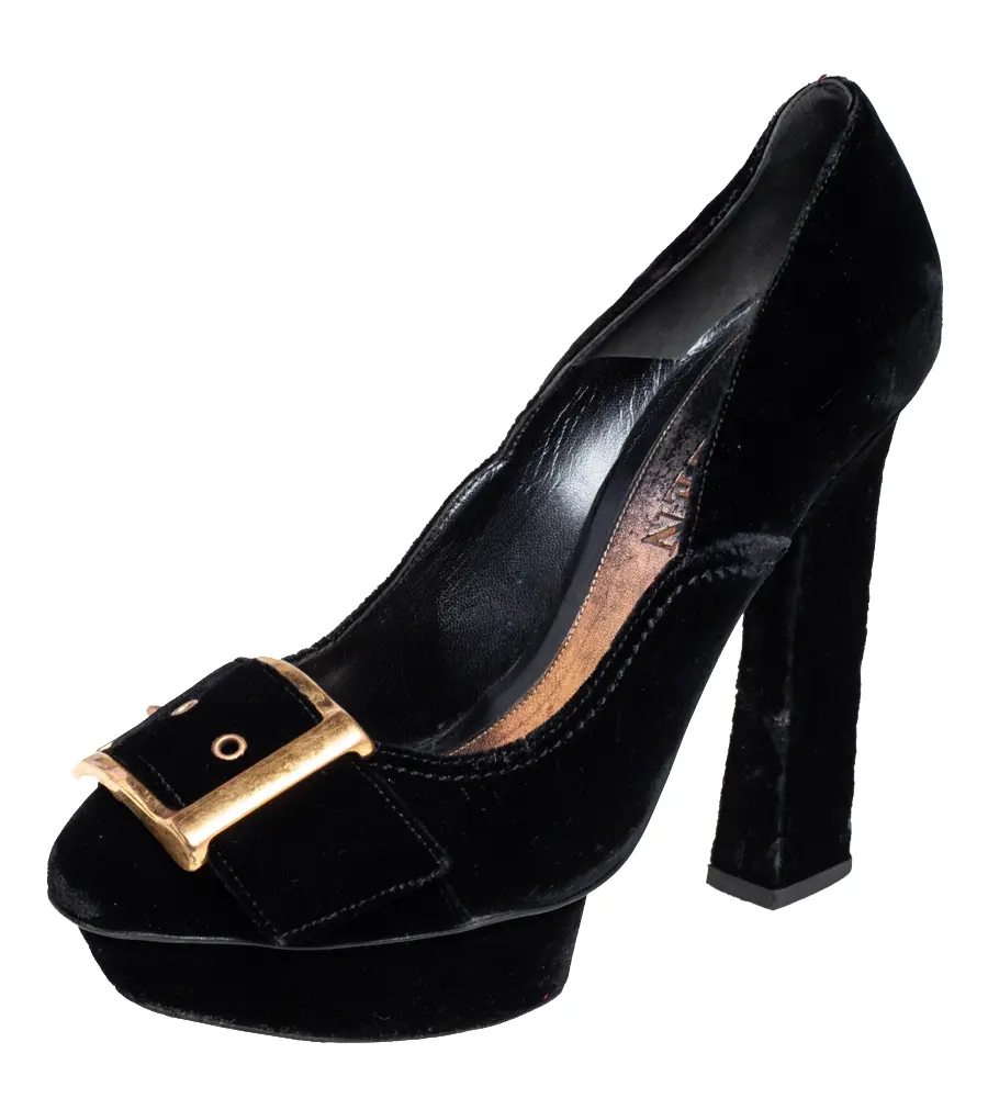 Alexander McQueen Black Velvet Buckle Platform Pumps Size 39