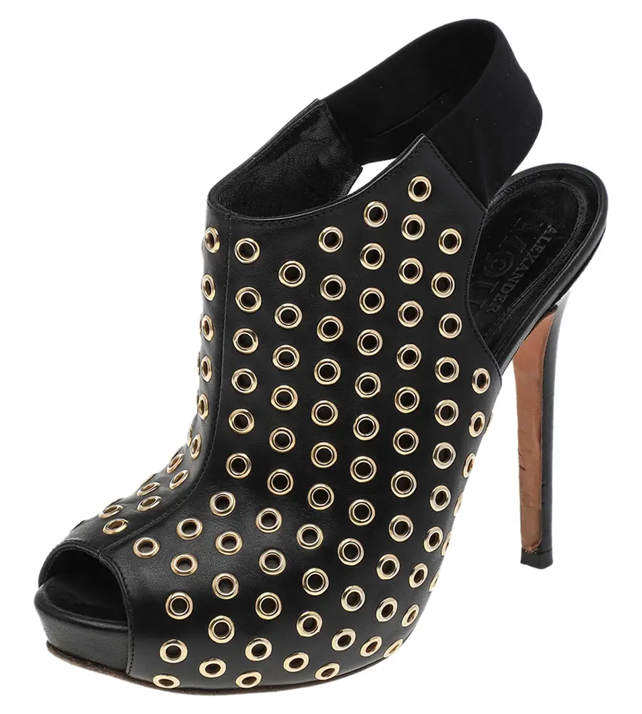 Alexander McQueen Black Leather Grommet Peep Toe Ankle Slingback Boots Size 36