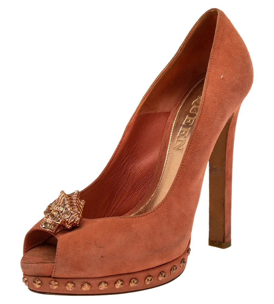 Alexander McQueen Brown Suede Skull Embellished Peep Toe Pumps Size 38
