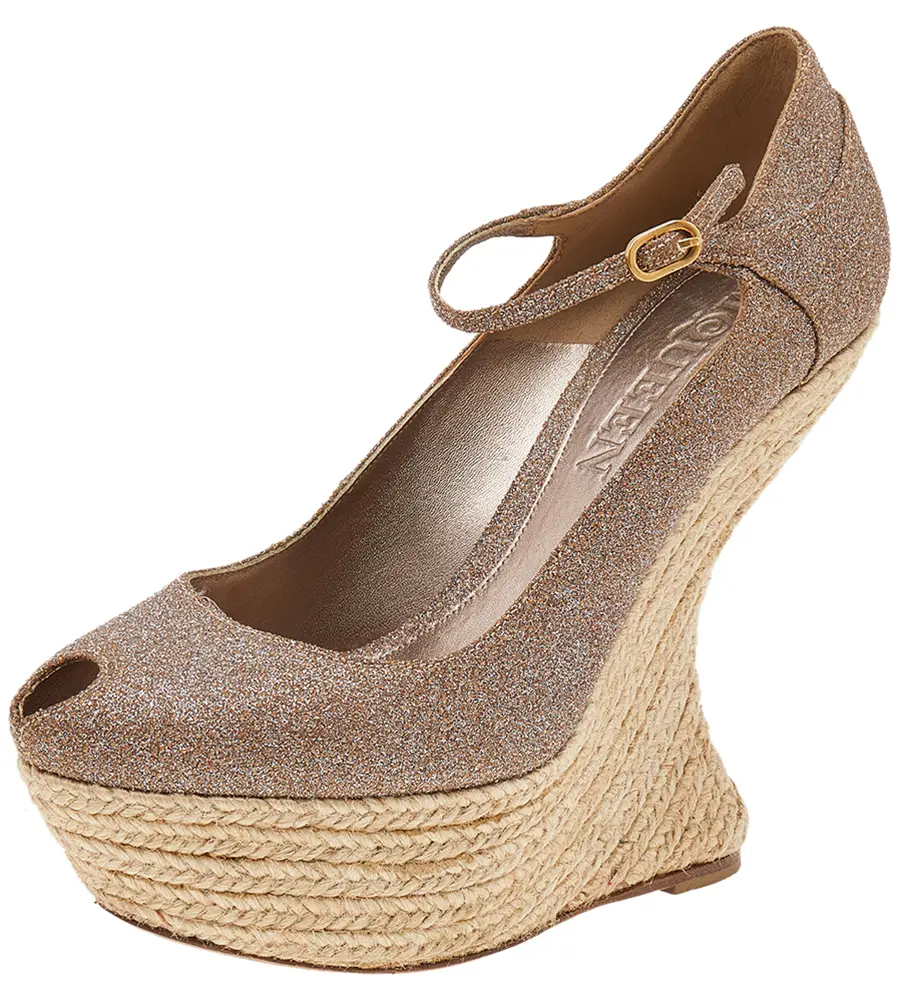 Alexander McQueen Brown Glitter Ankle Strap Wedge Sandals Size 37