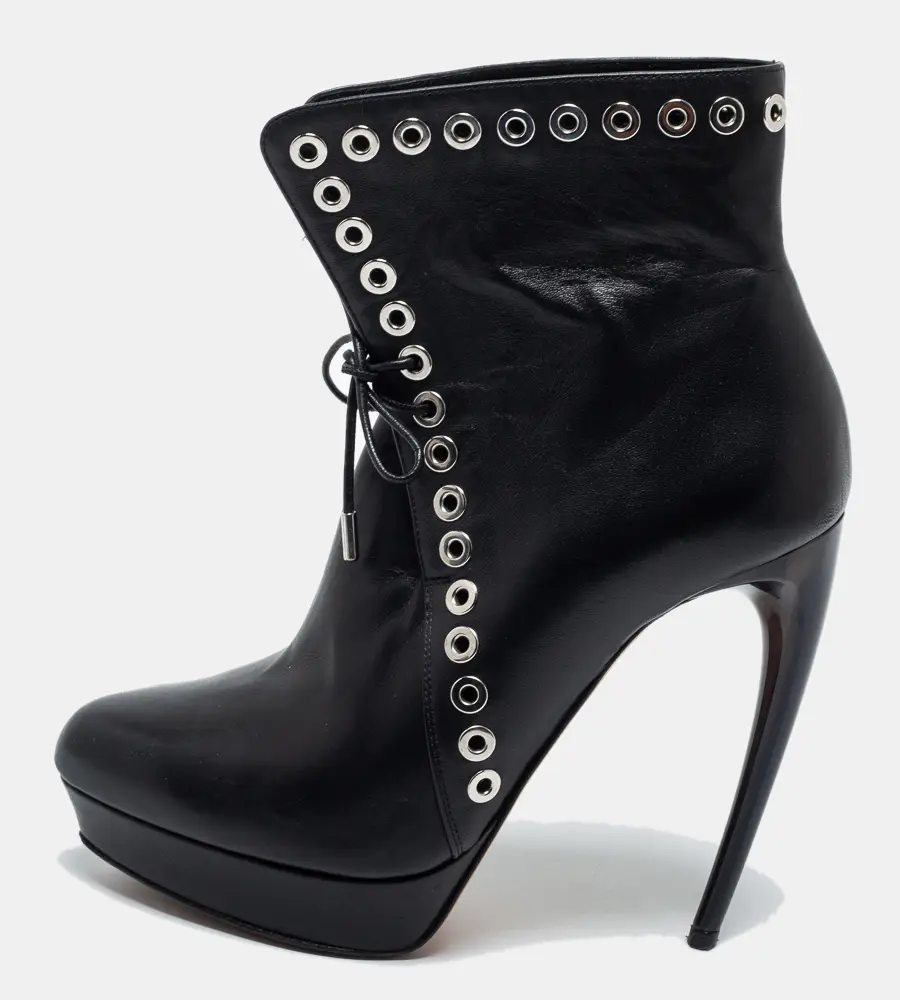 Alexander McQueen Black Leather Eyelet Detail Platform Ankle Booties Size 36