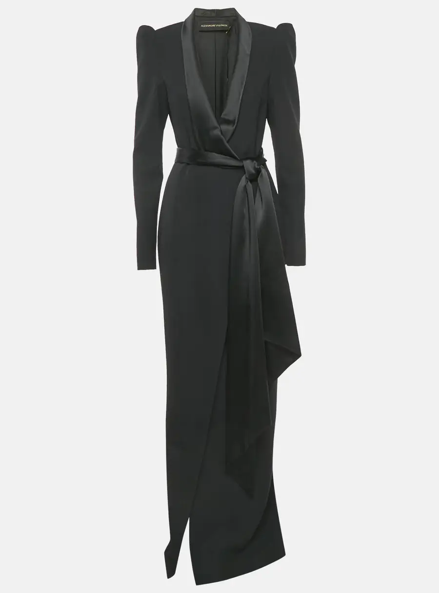 Alexandre Vauthier Black Satin Collar Crepe Tailored Long Dress S