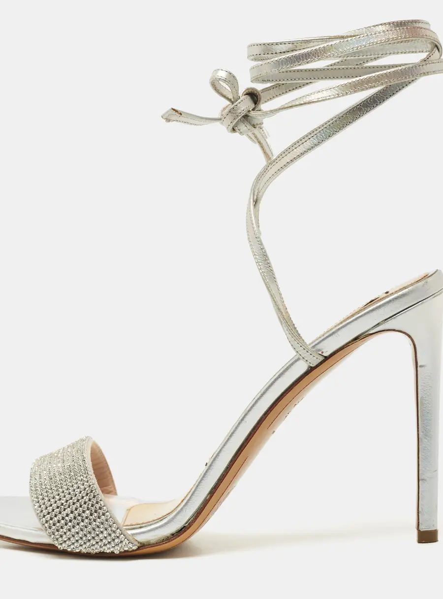 Alexandre Vauthier Silver Leather Crystal Embellished Ankle Wrap Sandals Size 39