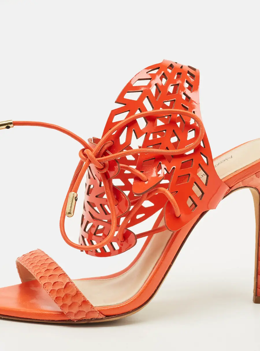 Alexandre Birman Size 36 Orange Patent Leather and Python Leather Ankle Strap Sandals