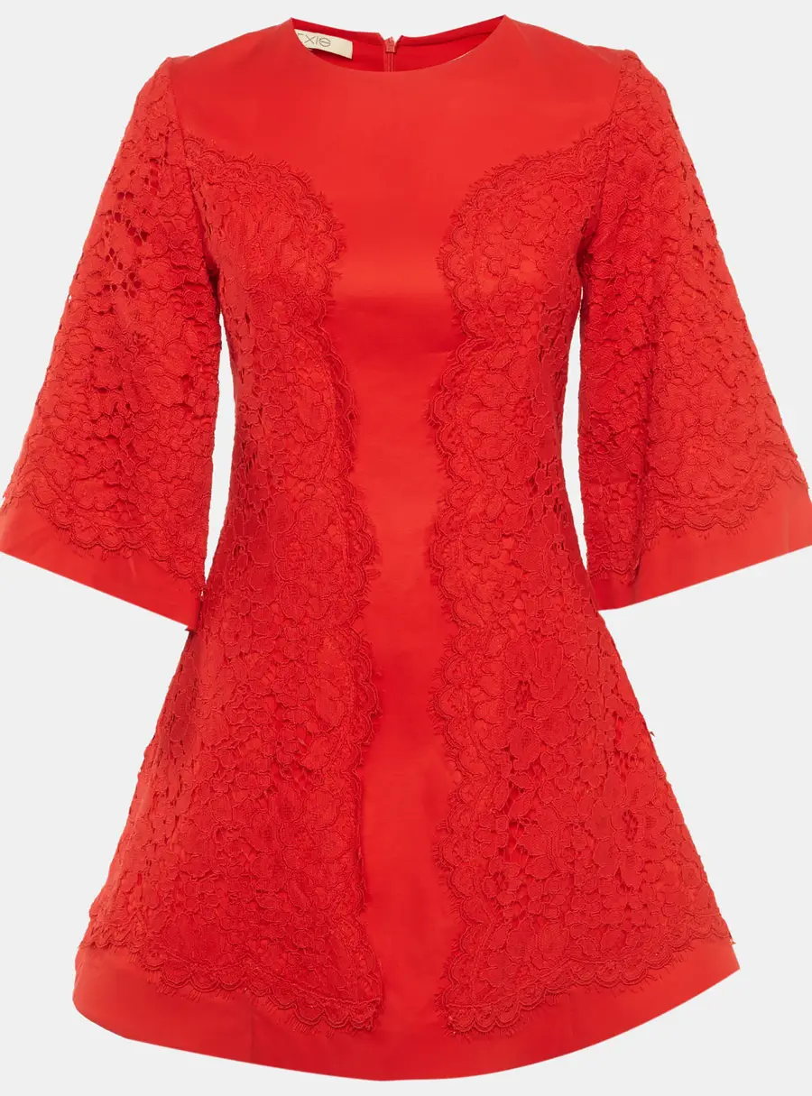 Alexis Red Crepe Guipure Lace Detail Mini Dress S