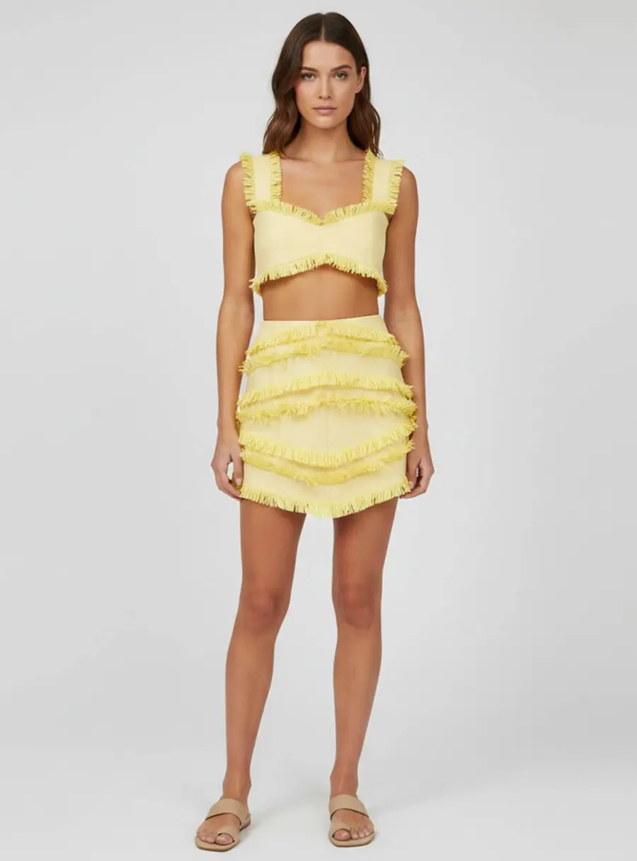 Alexis Yellow Raffia Fringed Crop Top and Mini Skirt Set S/XS