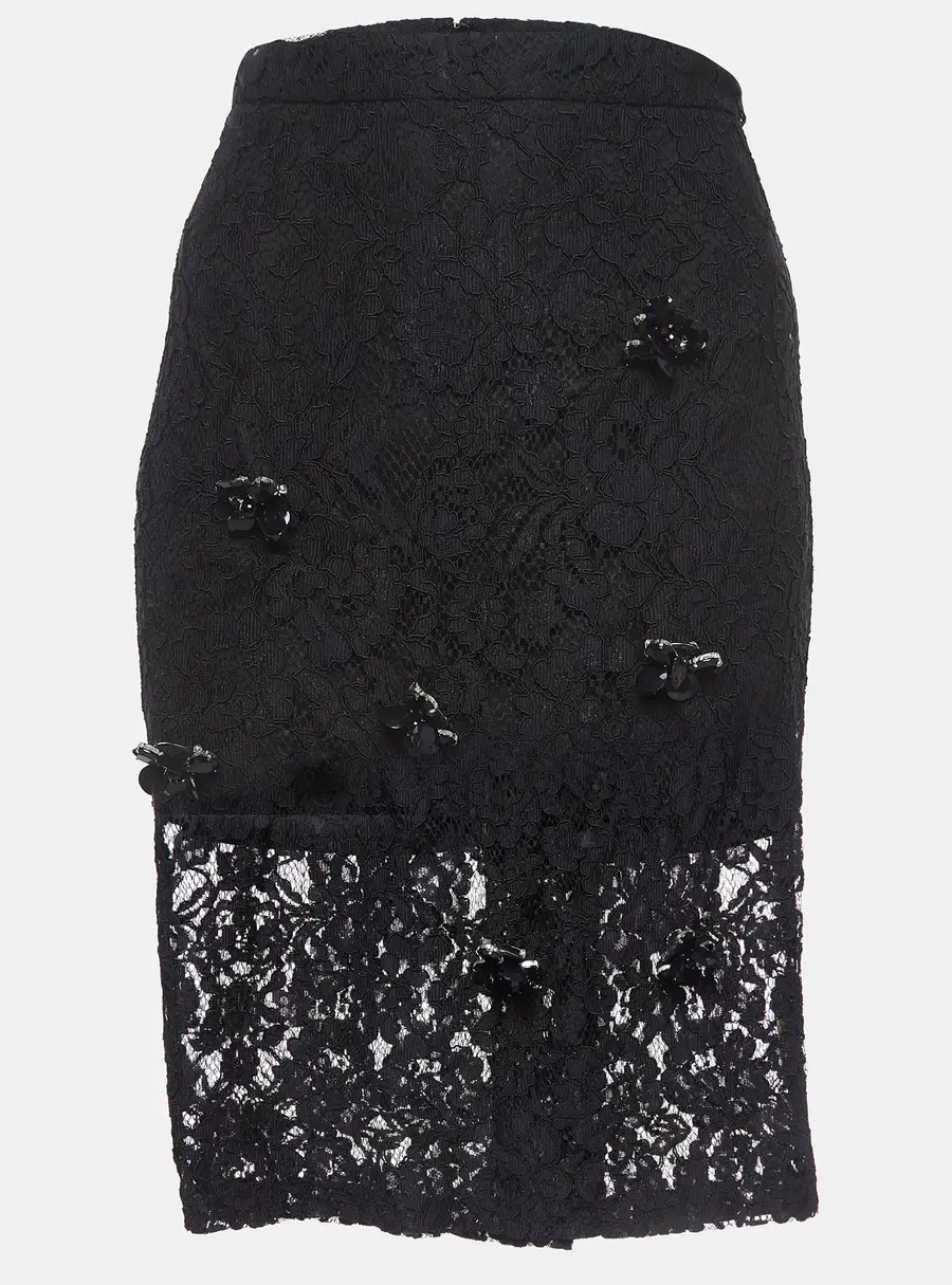 Alexis Black Brooch Embellished Lace Pencil Skirt M