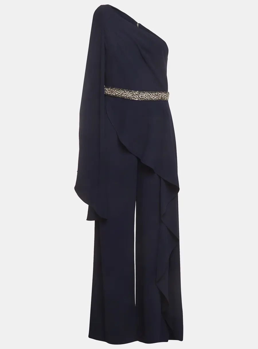 Alice + Olivia Navy Blue Crystal Embellished Crepe Venita Jumpsuit M