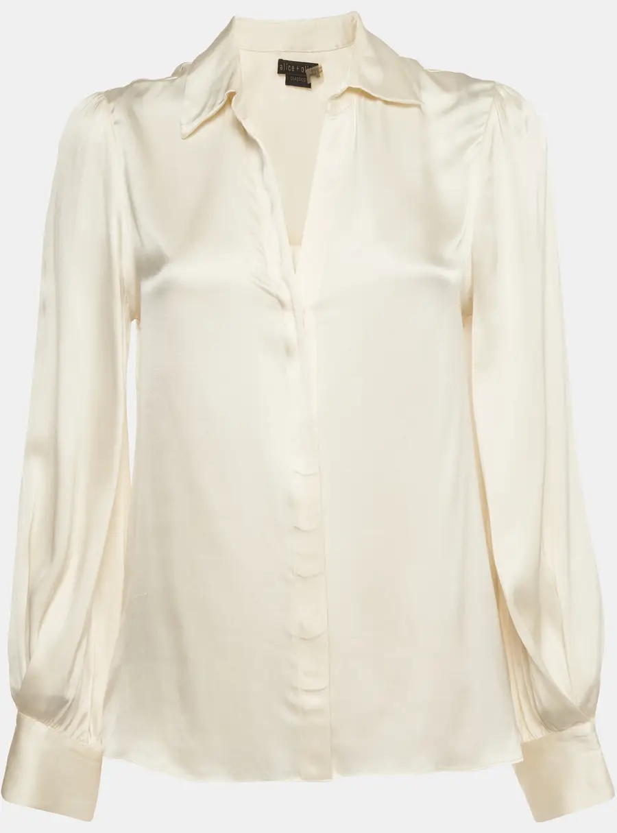 Alice + Olivia Cream Stretch Satin Button Down Blouse M