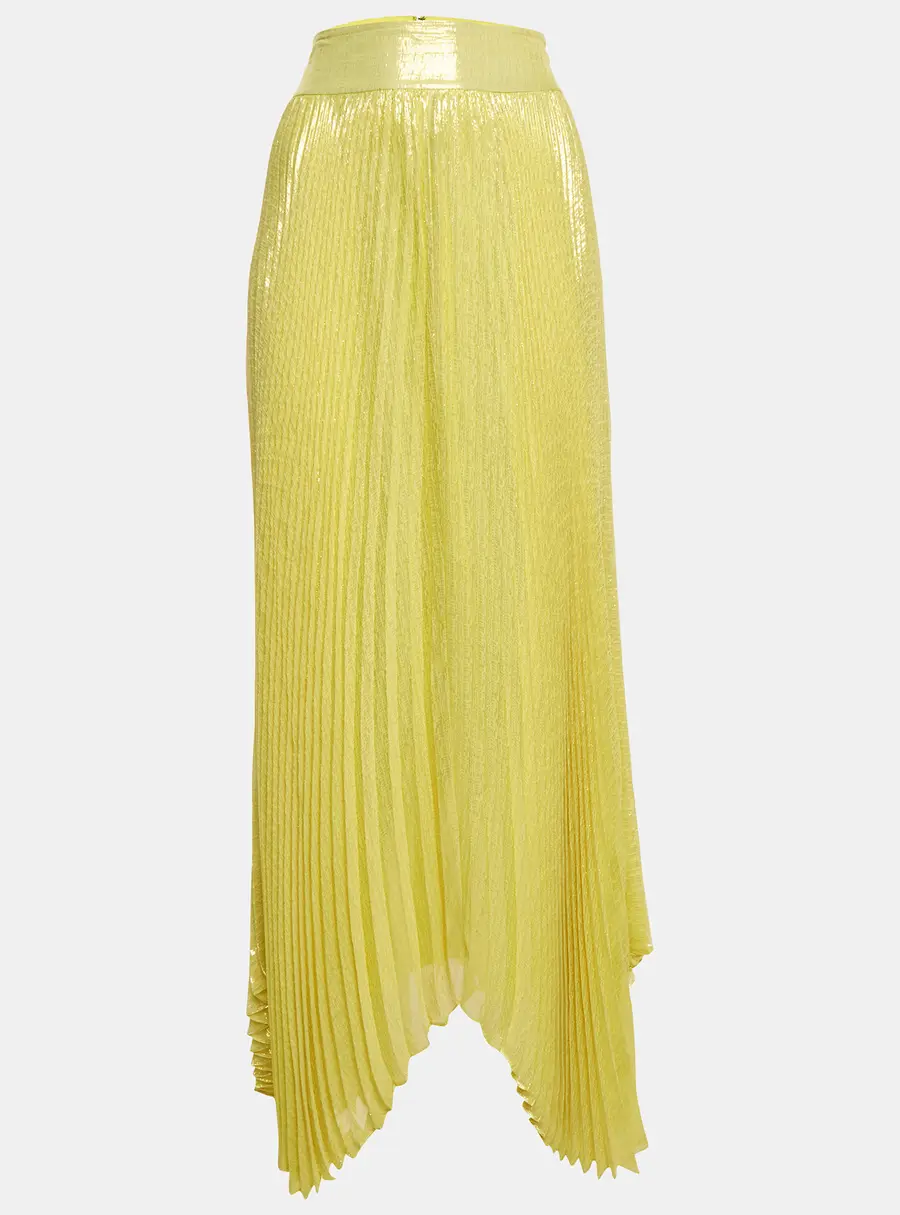Alice + Olivia Metallic Yellow Plissé Katz Maxi Skirt M