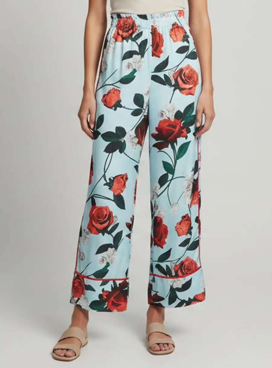 Alice + Olivia Blue Floral Print Satin Wide Leg Elba Pants L