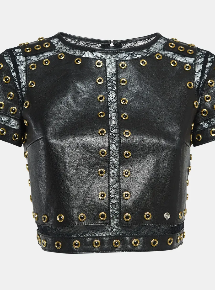 Alice + Olivia Black Lace Trim Leather Studded Crop Top XS